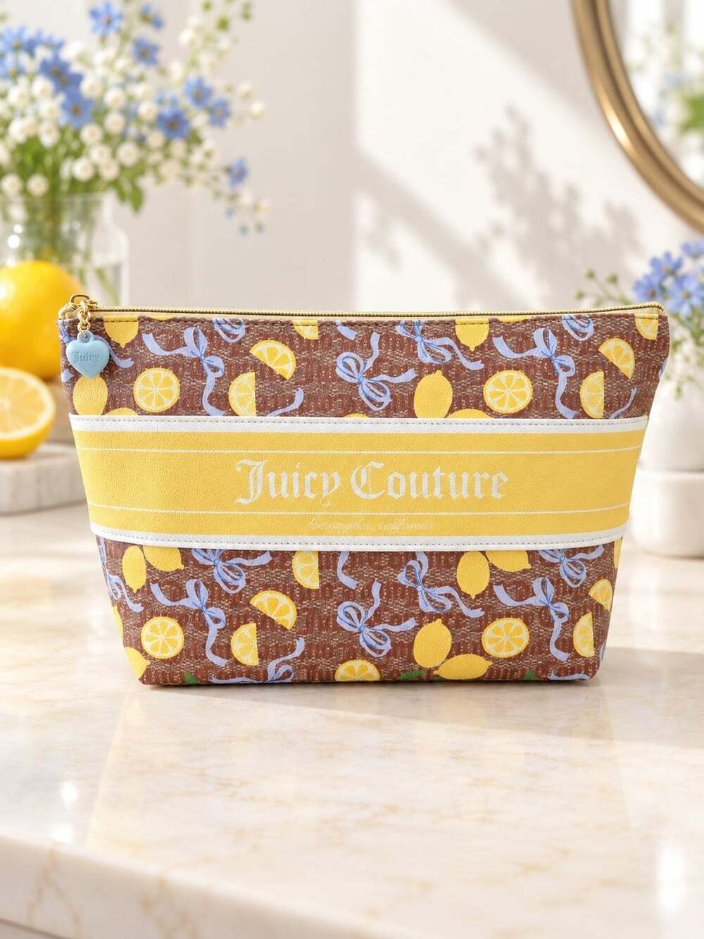 New Leather Juicy Couture Lemon Zest Cosmetic Bag Zipper Travel Makeup Case